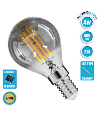 GLOBOSTAR® SPHERE 99063 Λάμπα E14 G45 LED 4W 400lm 360° AC 220-240V IP20 Θερμό Λευκό 2700K Dimmable - Filament Chip - Μαύρο Φιμέ - Μ4.5 x Π4.5 x Υ8.1cm - 3 Χρόνια Εγγύηση